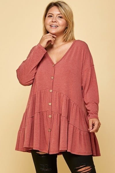 Plus Size Solid Long Sleeves Button Up Swing Tunic Top With Ruched Detai