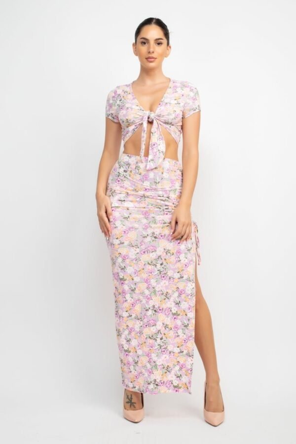 Front Knot Floral Top and Ruched Maxi Skirts Set